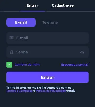 Tela de login da Brabet no celular: abas Entrar e de cadastro, E-mail ou Telefone, senha e Lembre de mim