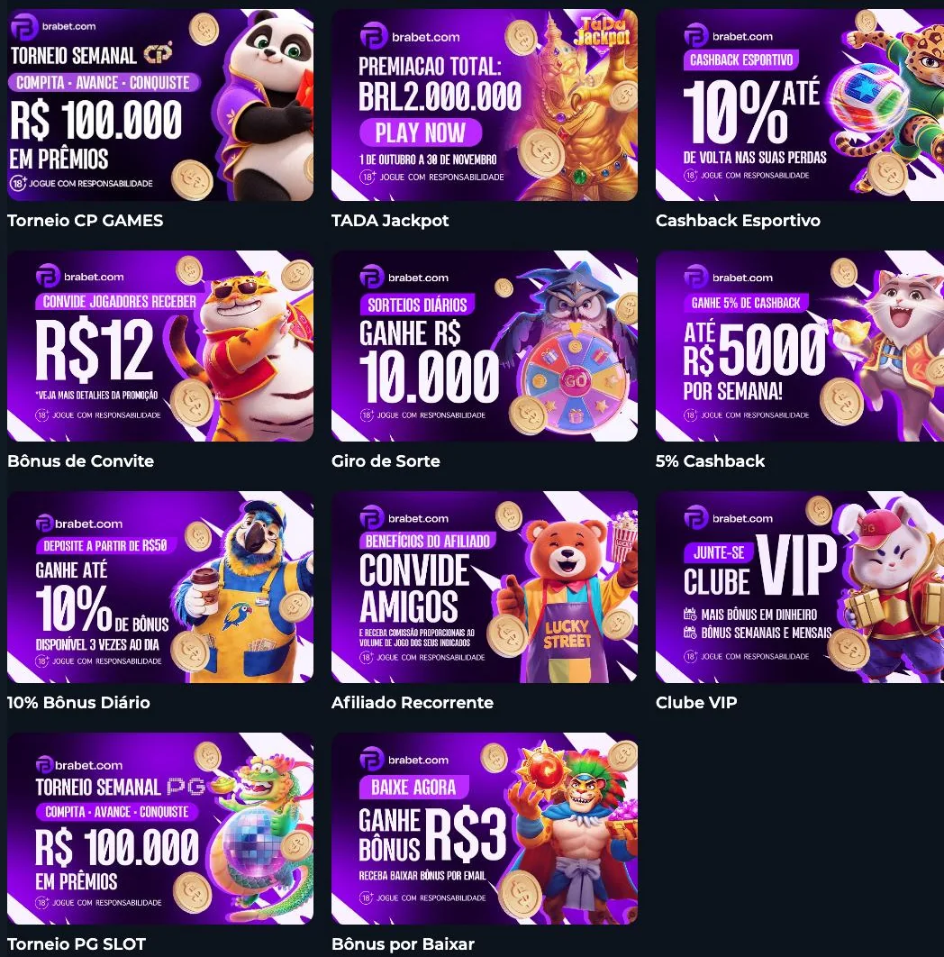 Página de promoções da Brabet com 11 banners: torneios, jackpot, cashback, convite, roda, bônus diário, afiliado, VIP e bônus por baixar